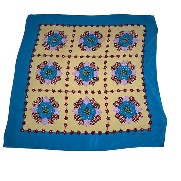 Geoffrey Beene 100% Silk Square Scarf – Floral Quilted Pattern – Teal Background - Picture 8 of 8